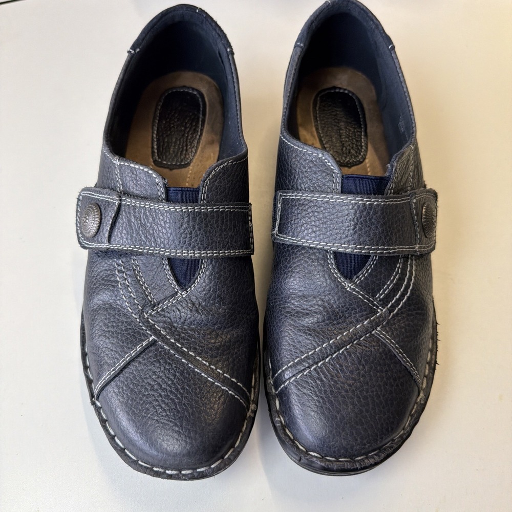 Earth Origins Evelyn Pebbled Leather Loafer Womens 8.5 W Navy/Black Monk Strap